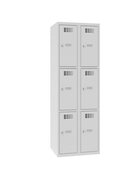 Ein lichtgrauer Fächerschrank mit zwei Abteilen und sechs Fächern mit jeweils einer Tür. Alle Türen sind geschlossen. Der Schrank steht vor einem weißen Hintergrund.